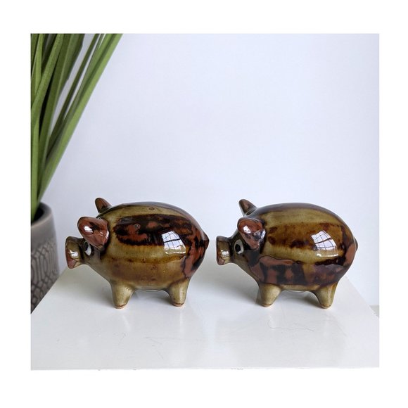 Vintage Ceramic Brown Flow Glaze Pigs Salt & Pepper Shakers Japan - Picture 3 of 6